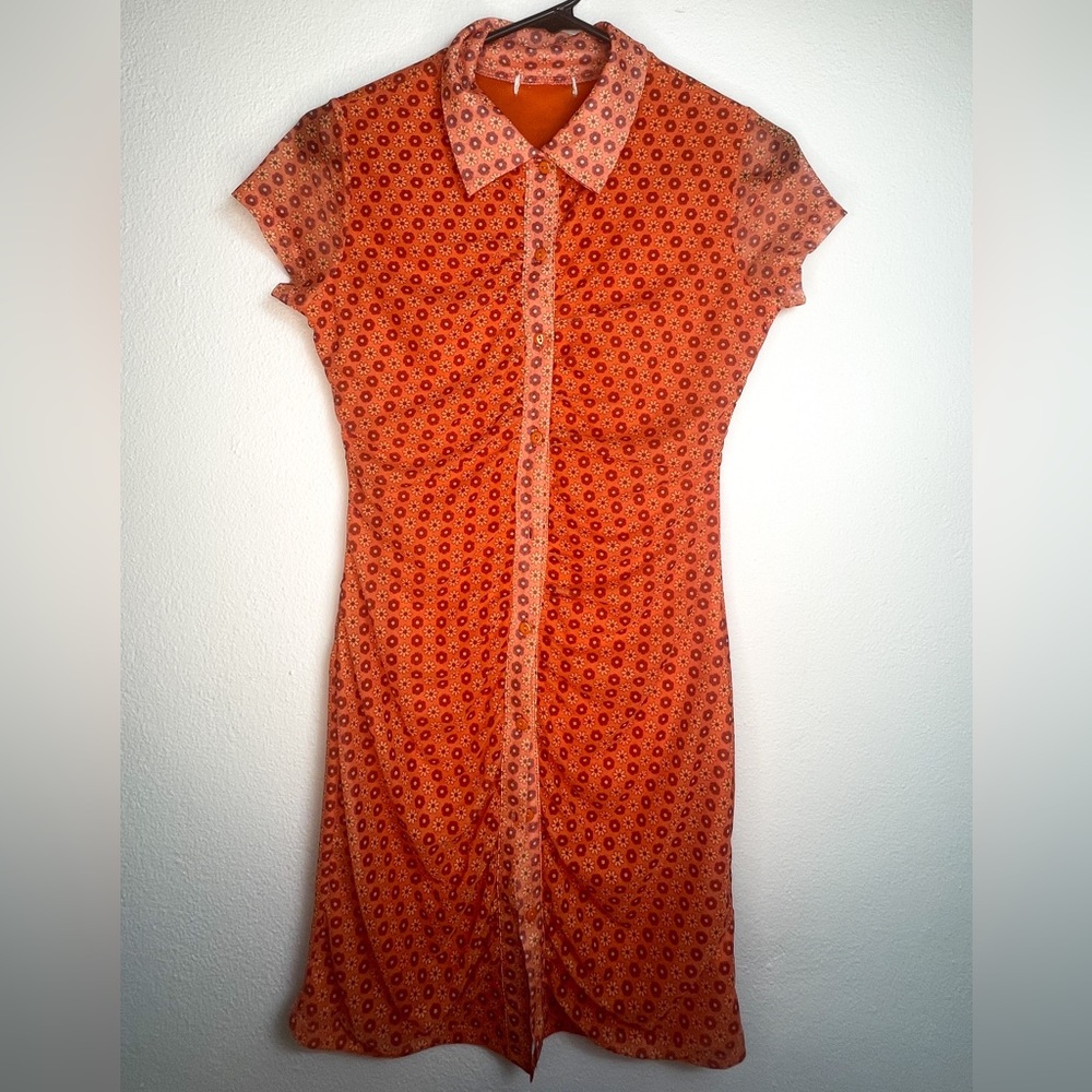 Orange and red floral print mid length dress front buttons